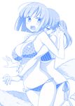  bikini blue blush bracelet breasts cleavage commentary_request copyright_request frilled_bikini frills getsuyoubi_no_tawawa himura_kiseki hug hug_from_behind jewelry large_breasts long_hair looking_at_viewer monochrome multiple_girls open_mouth polka_dot polka_dot_bikini polka_dot_swimsuit short_hair side-tie_bikini side_ponytail standing standing_on_one_leg striped swimsuit towel vertical-striped_bikini vertical_stripes 