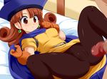  alena_(dq4) ass bed blush brown_eyes brown_hair censored dragon_quest dragon_quest_iv gloves hat konpeto long_hair nervous pantyhose penis penis_awe small_breasts spread_legs square_enix sweat 