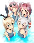  amatsukaze_(kantai_collection) bad_id bad_pixiv_id blonde_hair blue_eyes double_v grey_eyes i-168_(kantai_collection) i-58_(kantai_collection) kantai_collection multiple_girls one-piece_swimsuit partially_submerged pink_eyes pink_hair ponytail red_eyes red_hair sakasa_(guranyto) school_swimsuit shimakaze_(kantai_collection) short_hair sunglasses swimsuit torpedo two_side_up v 