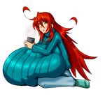  aeon708 breasts gigantic_breasts impossible_clothes impossible_sweater kyoui-san long_hair red_hair simple_background solo sweater 