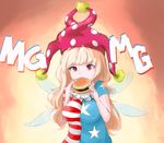  american_flag_dress appleslush bangs blonde_hair breasts clownpiece commentary dress eating fairy_wings food hamburger hat jester_cap large_breasts long_hair mg_mg neck_ruff polka_dot red_eyes short_sleeves simple_background solo striped striped_dress sweat touhou upper_body wings 