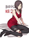  1girl ada_wong black_hair blush breasts brown_eyes cleavage dress high_heels highres large_breasts looking_at_viewer pantyhose red_dress resident_evil resident_evil_2 short_hair simple_background solo tetsu_(kimuchi) torn_clothes 