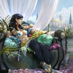  abs alex_negrea anklet arabian_clothes arabian_nights balcony barefoot barefoot_sandals bikini_top black_hair chair city dark_skin earrings fan fingerless_gloves gloves harem_pants jewelry long_hair midriff necklace original pants pillow realistic tan toenail_polish 