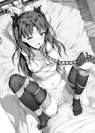  1boy 1girl arms_up bdsm bed black_hair black_legwear blush bondage bound bound_wrists breasts chains fate/stay_night fate_(series) monochrome nipples nude open_mouth pussy_juice rape restrained sex shibari tears thighhighs tied_up tohsaka_rin tokinohimitsu twintails vaginal 