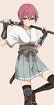  bad_id bad_pixiv_id gloves grin highres japanese_clothes kantai_collection katana kinu_(kantai_collection) kisetsu red_eyes red_hair samurai short_hair smile solo sword weapon 