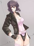  belt breasts cleavage fingerless_gloves ghost_in_the_shell ghost_in_the_shell_stand_alone_complex gloves hand_on_hip jacket kusanagi_motoko large_breasts leotard looking_at_viewer ogros orange_eyes purple_hair solo thighhighs 