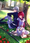  against_tree akagami_no_shirayukihime apple belt book boots building closed_eyes commentary_request daisy dappled_sunlight dress elbow_on_knee flower food fruit grass grey_hair highres knee_boots leaf leaning_on_person long_sleeves looking_back necktie open_book outdoors pants red_flower red_hair red_rose rose shirayuki_(akagami_no_shirayukihime) sitting sleeping sleeves_pushed_up sunlight sword swordsouls tree under_tree uniform weapon zen_wistalia 