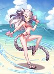  bikini braid breasts dolphin double_bun fang haku_(p&amp;d) highres long_hair looking_at_viewer multicolored_hair ocean puzzle_&amp;_dragons sandals small_breasts solo swimsuit tail tiger_tail twin_braids two-tone_hair underboob water white_hair yellow_eyes yellowpaint. 