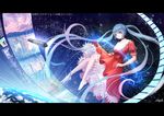  absurdres aqie artist_name blue_eyes blue_hair bow building choker dress glowing highres letterboxed light_particles long_hair no_shoes original painttool_sai pen planet red_dress solo space twintails very_long_hair 