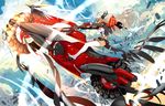  dark_skin green_eyes ground_vehicle halo highres jacket long_hair motor_vehicle motorcycle pixiv_fantasia pixiv_fantasia_t realmbw solo thighhighs white_hair 