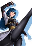  1girl armor artist_request ass blue_hair breastplate fingerless_gloves from_below gloves green_eyes kicking legs long_hair looking_at_viewer looking_down maria_traydor miniskirt pantyhose rakutoki serious shadow simple_background skirt solo square_enix star_ocean star_ocean_till_the_end_of_time tri-ace upskirt 