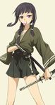  bad_id bad_pixiv_id black_hair braid dango food hair_over_shoulder highres japanese_clothes kantai_collection katana kisetsu kitakami_(kantai_collection) long_hair samurai sanshoku_dango single_braid skewer skirt solo sword wagashi weapon 