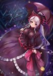  bonnet demon_girl dress frilled_dress frills gothic_lolita highres huanghyy lolita_fashion overlord_(maruyama) parasol ponytail red_eyes shalltear_bloodfallen silver_hair solo umbrella vampire 