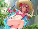  bare_arms bikini bikini_pull blush breasts cleavage commentary day flower hair_flower hair_ornament hand_on_headwear hat hibiscus large_breasts leaf long_hair looking_at_viewer love_live! love_live!_school_idol_project lying midriff mignon navel nishikino_maki on_back open_mouth pink_eyes red_hair side-tie_bikini solo straw_hat swimsuit untying 