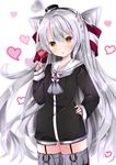  amatsukaze_(kantai_collection) bad_id bad_pixiv_id black_dress blush candy dress food garter_straps grey_neckwear hair_tubes hand_on_hip heart heart-shaped_food kantai_collection lollipop long_hair long_sleeves nanase_nao neckerchief open_mouth short_dress silver_hair solo thighhighs two_side_up very_long_hair yellow_eyes zettai_ryouiki 