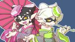  2girls aori_(splatoon) black_hair brown_eyes domino_mask earrings fangs food food_on_head highres holding hotaru_(splatoon) japanese_clothes jewelry kimono long_hair looking_at_viewer mask mole mole_under_eye multiple_girls object_on_head off_shoulder one_eye_closed open_mouth oriental_umbrella pipe polka_dot polka_dot_kimono rippoutai short_hair smile splatoon_(series) splatoon_1 standing tentacle_hair umbrella upper_body white_hair 