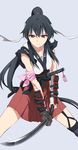  bad_id bad_pixiv_id black_hair gloves headband highres japanese_clothes kantai_collection katana kisetsu long_hair ponytail red_eyes red_skirt samurai skirt solo sword weapon yahagi_(kantai_collection) 