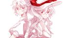  alternate_color bow hair_bow hat limited_palette long_hair multiple_girls ponytail red_eyes siblings silver_hair sisters six_(fnrptal1010) smile touhou watatsuki_no_toyohime watatsuki_no_yorihime 