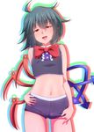  adapted_costume anaglyph asymmetrical_wings black_hair bow crop_top highres houjuu_nue midriff navel open_mouth red_eyes shirt shorts sleeveless sleeveless_shirt smile solo tenyunkel touhou wings 
