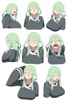  ^_^ accio blush breasts closed_eyes closed_mouth drooling from_side green_eyes green_hair grin hair_between_eyes high_gain_torpex highres jitome large_breasts multiple_views open_mouth parted_lips pixiv_fantasia pixiv_fantasia_t saliva scratching_head sharp_teeth sidelocks smile sweatdrop teeth uniform upper_body 
