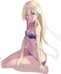  bikini black_bikini blonde_hair breasts brown_eyes cleavage hidezi long_hair navel parted_lips simple_background sitting small_breasts solo swimsuit white_background 