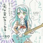  !? 1girl :o aqua_hair bang_dream! blue_bow bow brown_dress catchphrase commentary_request dress electric_guitar green_eyes guitar hanasakigawa_school_uniform highres hikawa_hina hikawa_sayo instrument jack_(jacknoeaka) long_hair long_sleeves music neck_ribbon objectification playing_instrument red_neckwear ribbon sailor_collar sailor_dress school_uniform solo sweatdrop translation_request twitter_username white_sailor_collar 