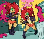  :d alley alternate_costume blazer cigarette commentary dark_skin fangs graffiti green_eyes hand_on_hip jacket multiple_girls octarian octoling open_mouth pointing pointing_at_viewer red_hair school_uniform shenanimation skirt smile smoke smoking splatoon_(series) splatoon_1 takozonesu tentacle_hair tentacles trash_can v-shaped_eyebrows 