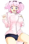  1girl blue_eyes bow breasts buruma commentary_request hair_bow hibari_(senran_kagura) jacket large_breasts looking_at_viewer open_mouth pink_hair rasiem senran_kagura senran_kagura_shoujo-tachi_no_shin'ei short_hair short_twintails smile solo symbol-shaped_pupils track_jacket twintails 