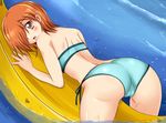  ass back banana_boat bare_shoulders blush bra brown_eyes cameltoe from_behind gradient gradient_background hair_over_one_eye looking_at_viewer open_mouth orange_hair original panties shiguko shiny shiny_clothes shiny_skin short_hair solo swimsuit underwear water wet 