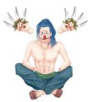  blue_hair buggy_the_clown clown disembodied_limb dismembered grin indian_style lipstick makeup male_focus one_piece sash simple_background sitting smile solo topless 