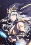  ashe_(league_of_legends) blue_eyes bow_(weapon) breasts bridal_gauntlets cleavage hananon hood large_breasts league_of_legends long_hair silver_hair solo weapon 