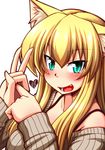  animal_ears blonde_hair cat_ears fang green_eyes heart long_hair looking_at_viewer nokoppa open_mouth original penetration_gesture ribbed_sweater sexually_suggestive simple_background smile solo sweater white_background 