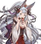  1girl animal_ears blue_eyes chocolate detached_sleeves fox_ears fox_girl fox_tail fur_trim granblue_fantasy hair_ornament long_hair minaba_hideo official_art silver_hair socie_(granblue_fantasy) tail very_long_hair 