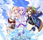  3girls absurdres blush choujigen_game_neptune cloud compa game_cg hand_holding highres if_(choujigen_game_neptune) multiple_girls neptune_(choujigen_game_neptune) neptune_(series) rainbow 