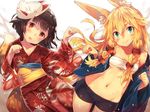  animal_ears aqua_eyes bad_id bad_pixiv_id bike_shorts blonde_hair blush borrowed_character breasts brown_hair cleavage fox_ears fox_mask head_tilt highres japanese_clothes kimono kitsune long_hair looking_at_viewer mask multiple_girls narumi_arata navel open_clothes open_shirt original red_eyes sarashi shirt short_hair small_breasts smile sweat tail underboob yukata 