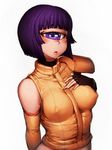  blush breasts covered_nipples cyclops fingerless_gloves fumio_(rsqkr) gloves hand_on_own_chest manako medium_breasts monster_musume_no_iru_nichijou one-eyed purple_eyes purple_hair short_hair simple_background solo upper_body white_background 