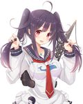  alternate_hairstyle blush holding holding_hair kagerou_(shadowmage) kantai_collection long_hair purple_hair red_eyes smile solo taigei_(kantai_collection) twintails 