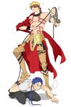  armor bad_id bad_pixiv_id blindfold blonde_hair blue_hair chain enkidu_(weapon) fate/stay_night fate_(series) gilgamesh highres human_furniture jewelry lancelot_(smalock) lancer male_focus multiple_boys necklace red_blindfold shirtless tattoo 