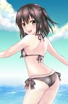  bad_id bad_pixiv_id bangs bare_arms bare_shoulders bikini brown_eyes brown_hair cloud cowboy_shot day from_behind hair_between_eyes highres horizon kantai_collection looking_at_viewer looking_back ocean open_mouth outdoors sendai_(kantai_collection) short_hair sky smile solo swimsuit two_side_up water yuzuttan 