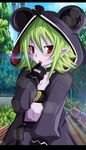  absurdres animal_hood bandeau bench black_gloves blush breasts cleavage gloves green_hair hair_ornament highres hood letterboxed linda_(choujigen_game_neptune) navel navel_piercing neptune_(series) open_mouth outdoors piercing planeptune pointy_ears red_eyes small_breasts solo tree tsurime 