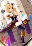  absurdres alternate_costume amputee ascot bad_id bad_pixiv_id blonde_hair clock clock_tower crown daimaou_ruaeru face_mask flandre_scarlet highres laevatein long_hair mask mechanical_leg mini_crown pink_eyes plague_doctor_mask prosthesis side_ponytail single_thighhigh sitting solo thighhighs touhou tower very_long_hair white_legwear wings 
