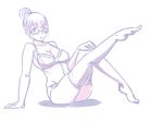  1girl arm_support bra breasts bun cleavage glasses hair_bun legs_up looking_at_viewer monochrome panties semi-rimless_glasses simple_background sitting skindentation solo teatime_(pixiv) thighhighs under-rim_glasses underwear underwear_only white_background white_hair 