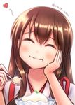  :t ^_^ akagi_(kantai_collection) brown_hair closed_eyes dessert eating food foodgasm heart japanese_clothes kantai_collection long_hair n@ss solo spoon twitter_username upper_body wavy_mouth 