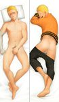  :d absurdres ass bandages barefoot bed_sheet blonde_hair blush crotch_grab dakimakura embarrassed highres itto_(mentaiko) leg_hair looking_at_viewer looking_back lying male_focus male_pubic_hair multiple_views naruto naruto_(series) on_back on_stomach open_mouth pants_down penis_peek pillow pubic_hair sheet_grab short_hair smile sweat testicles toned toned_male uzumaki_naruto very_short_hair 