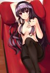  artist_request bad_id bad_pixiv_id black_hair breasts convenient_leg couch covering_nipples hairband hand_on_own_chest highres kasumigaoka_utaha large_breasts long_hair looking_at_viewer lying pantyhose red_eyes saenai_heroine_no_sodatekata smile solo thighband_pantyhose topless 