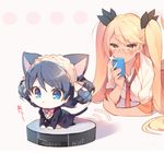  animal_ears bangs bell blonde_hair blue_eyes blue_hair blush cat_ears cat_tail chibi curly_hair cyan_(show_by_rock!!) glasses hair_ornament hairband long_hair lying mayachi_(amuriya) multiple_girls necktie on_stomach phone retoree riding roomba short_hair show_by_rock!! sparkle tail twintails very_long_hair yellow_eyes 