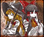  al_bhed_eyes ascot black_border black_dress black_hat blue_eyes blush_stickers border bow braid broom brown_background detached_sleeves dress hair_bow hair_tubes hakurei_reimu hand_on_own_cheek hat hat_ribbon kirisame_marisa long_sleeves multiple_girls red_bow red_eyes red_vest ribbon shirt single_braid suenari_(peace) touhou vest white_ribbon white_shirt witch_hat 