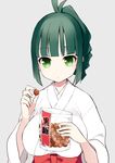  eating green_eyes green_hair grey_background hakama holding itsumi_(itumiyuo) japanese_clothes looking_at_viewer miko ponytail saki solo takimi_haru upper_body 
