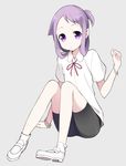  bike_shorts blouse bracelet dress_shirt grey_background himematsu_school_uniform itsumi_(itumiyuo) jewelry loafers looking_at_viewer purple_eyes purple_hair ribbon saki school_uniform shirt shoes short_hair sitting solo suehara_kyouko white_legwear white_shirt 