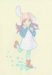  animal_ears animal_hat ankle_boots aqua_legwear artist_name blush boots brown_footwear brown_hair bunny bunny_ears bunny_hat buttons cabbie_hat dress hat jacket leg_up long_hair long_sleeves looking_at_viewer open_clothes open_jacket original paw_pose purple_dress purple_eyes smile solo standing standing_on_one_leg star striped striped_dress tanaka_kunihiko thighhighs yellow_background zettai_ryouiki 